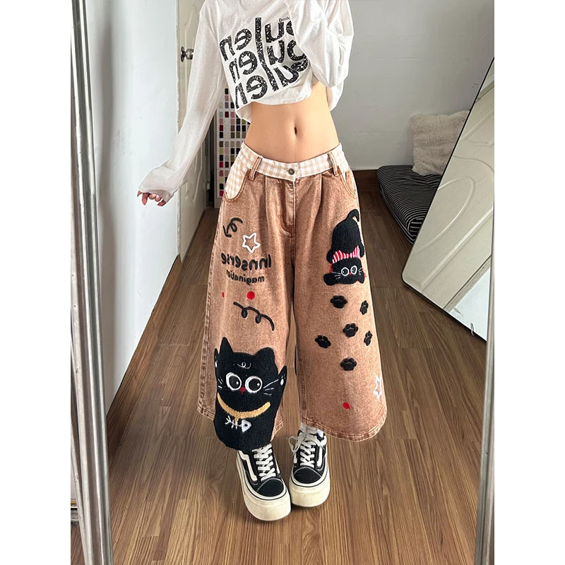 Black Cat Appliqué Embroidered Cropped Jeans (Buy 2 Free Shipping)