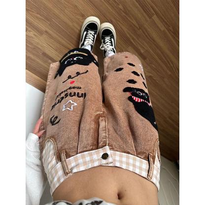 Black Cat Appliqué Embroidered Cropped Jeans (Buy 2 Free Shipping)