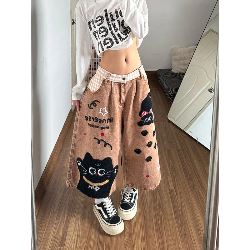 Black Cat Appliqué Embroidered Cropped Jeans (Buy 2 Free Shipping)