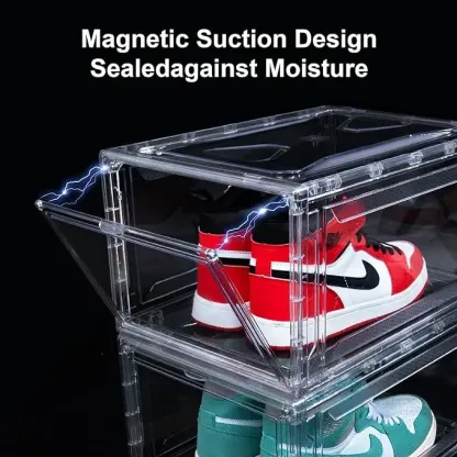 12 Pack Acrylic Clear Shoe Boxes– Ultra Clear Plastic Stackable Sneaker Storage For Sneakerhead. Professional Grade Shoe Display Case with Magnetic Door .Boots and Hat Organizer.Fits US Size 15