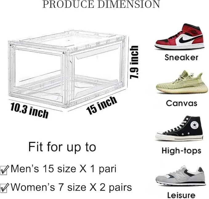 12 Pack Acrylic Clear Shoe Boxes– Ultra Clear Plastic Stackable Sneaker Storage For Sneakerhead. Professional Grade Shoe Display Case with Magnetic Door .Boots and Hat Organizer.Fits US Size 15