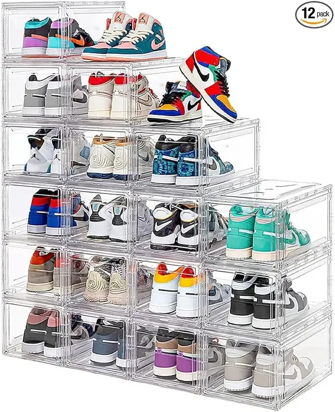 12 Pack Acrylic Clear Shoe Boxes– Ultra Clear Plastic Stackable Sneaker Storage For Sneakerhead. Professional Grade Shoe Display Case with Magnetic Door .Boots and Hat Organizer.Fits US Size 15