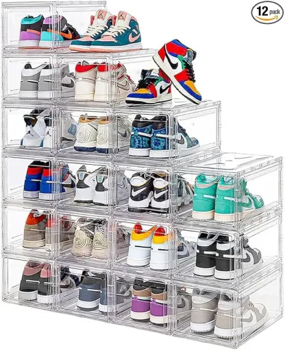 12 Pack Acrylic Clear Shoe Boxes– Ultra Clear Plastic Stackable Sneaker Storage For Sneakerhead. Professional Grade Shoe Display Case with Magnetic Door .Boots and Hat Organizer.Fits US Size 15