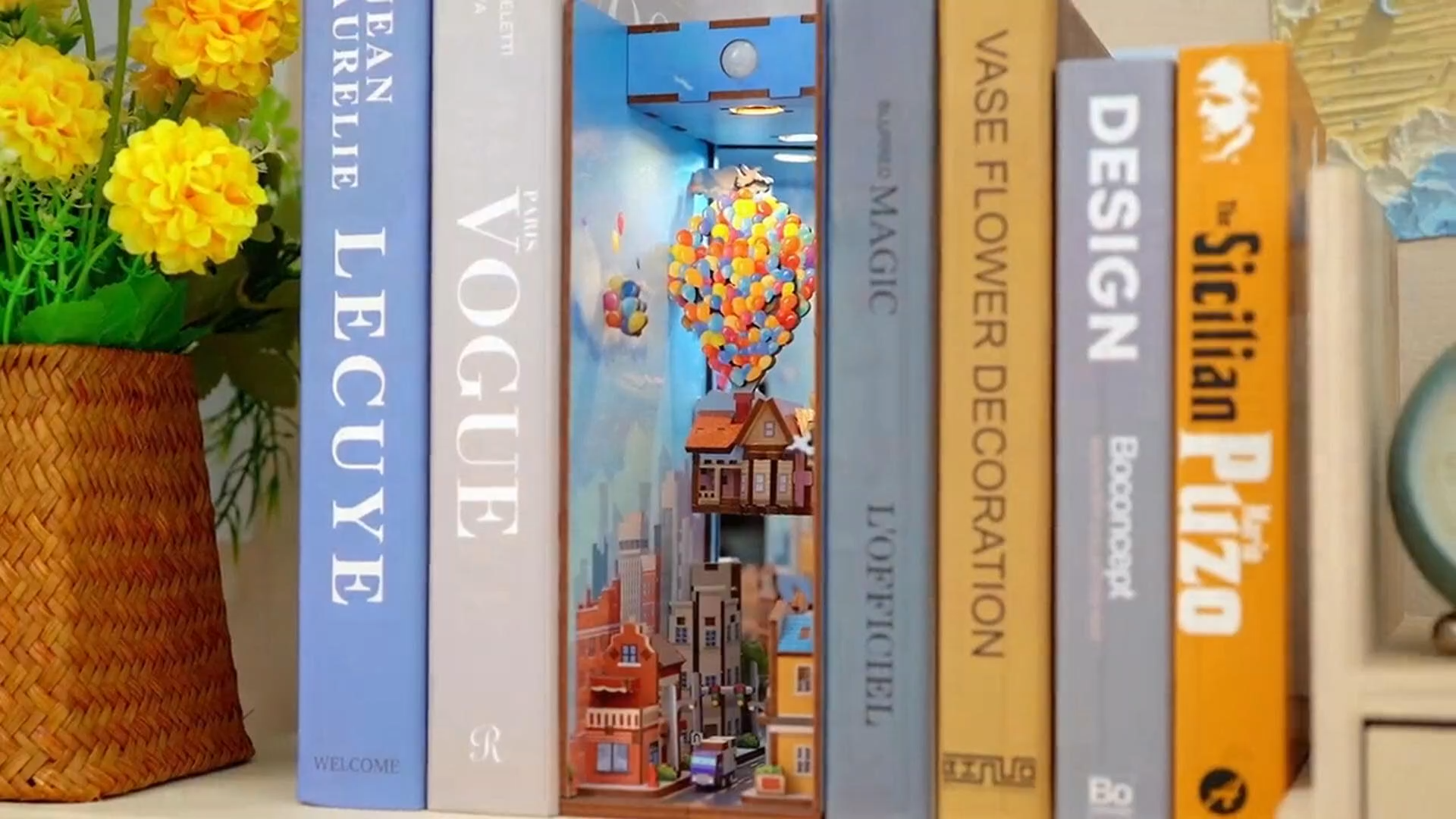 DIY Book Nook Kit for Adults,3D Wooden Puzzle Bookend Bookshelf Insert Library Decor, Booknook Miniature House Kit with Body Motion Sensor LED Light (Travel with The Wind)