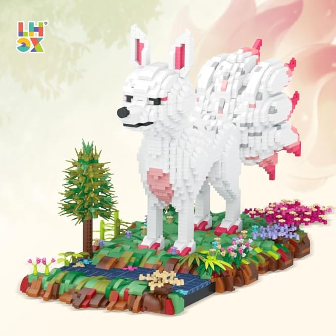 Forest Animal Micro Building Blocks Set - Nine Tailed Fox Stand in Lawns - Flowers and Trees, 4160 PCS Collectible Building Toy Gift for Adults and Kids Ages of 14+-uFunSpace