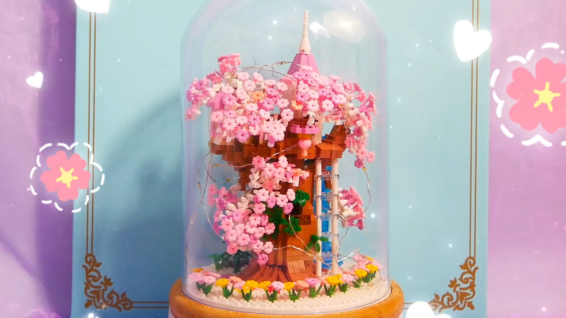 Cherry Blossom Bonsai Tree House Building Flowers Set for Adults, 1382 Pcs Micro-Particle Ideas Sakura Tree Building Blocks, Complete with String Lights, Dust Cover, and Wooden Base