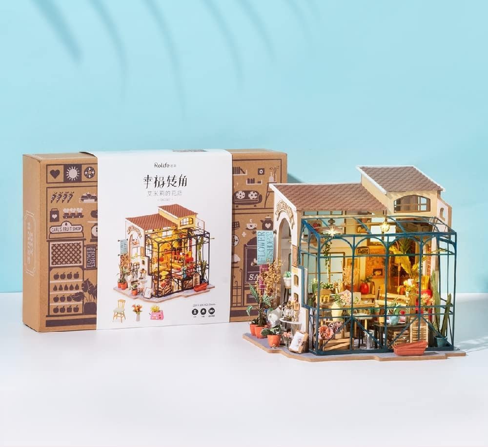 Product packaging box for Rolife Emily's Flower Shop DIY miniature house kit DG145.