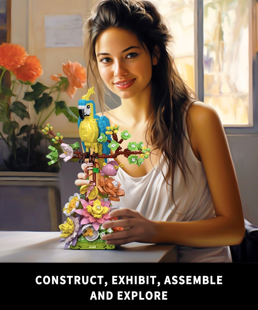 Flowers and Parrot Building Set- 1162pcs, Compatible with Lego Flower, Cute Bird and Succulent Botanical Collection Set,Nice Gift for Her or Him for Mother’s Day and Anniversary-uFunSpace