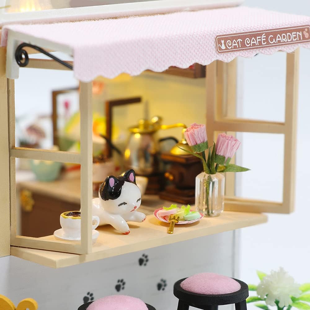Dollhouse Miniature with Furniture, DIY Wooden Dollhouse Kit Plus Dust Proof, Creative Room Idea(Cat Coffee Garden)-uFunSpace
