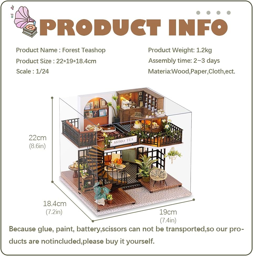 Dollhouse Miniature with Furniture, DIY Wooden Dollhouse Kit Plus Dust Proof, Creative Room Idea(Forest Tea Shop)-uFunSpace