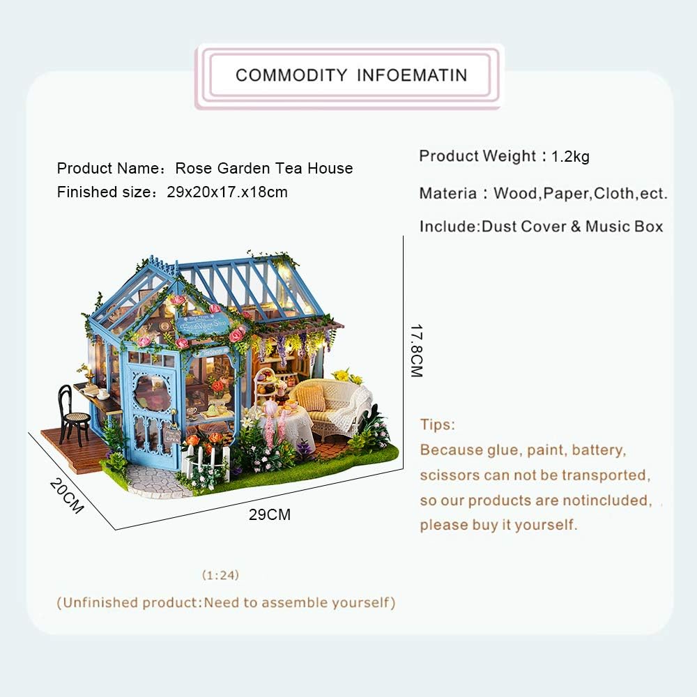 Dollhouse Miniature House with Furniture, DIY Dollhouse Kit with Dust Proof, Music Movement, 1:24 Scale Creative Room for Valentine's Day Gift for Family and Friends (Rose Garden Tea House)-uFunSpace