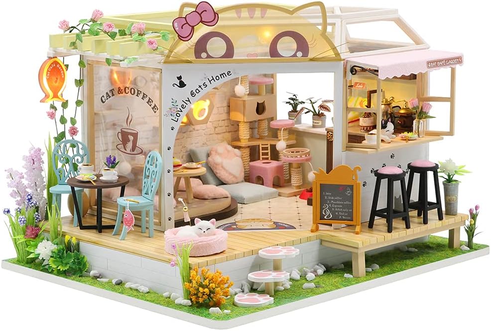 Dollhouse Miniature with Furniture, DIY Wooden Dollhouse Kit Plus Dust Proof, Creative Room Idea(Cat Coffee Garden)-uFunSpace