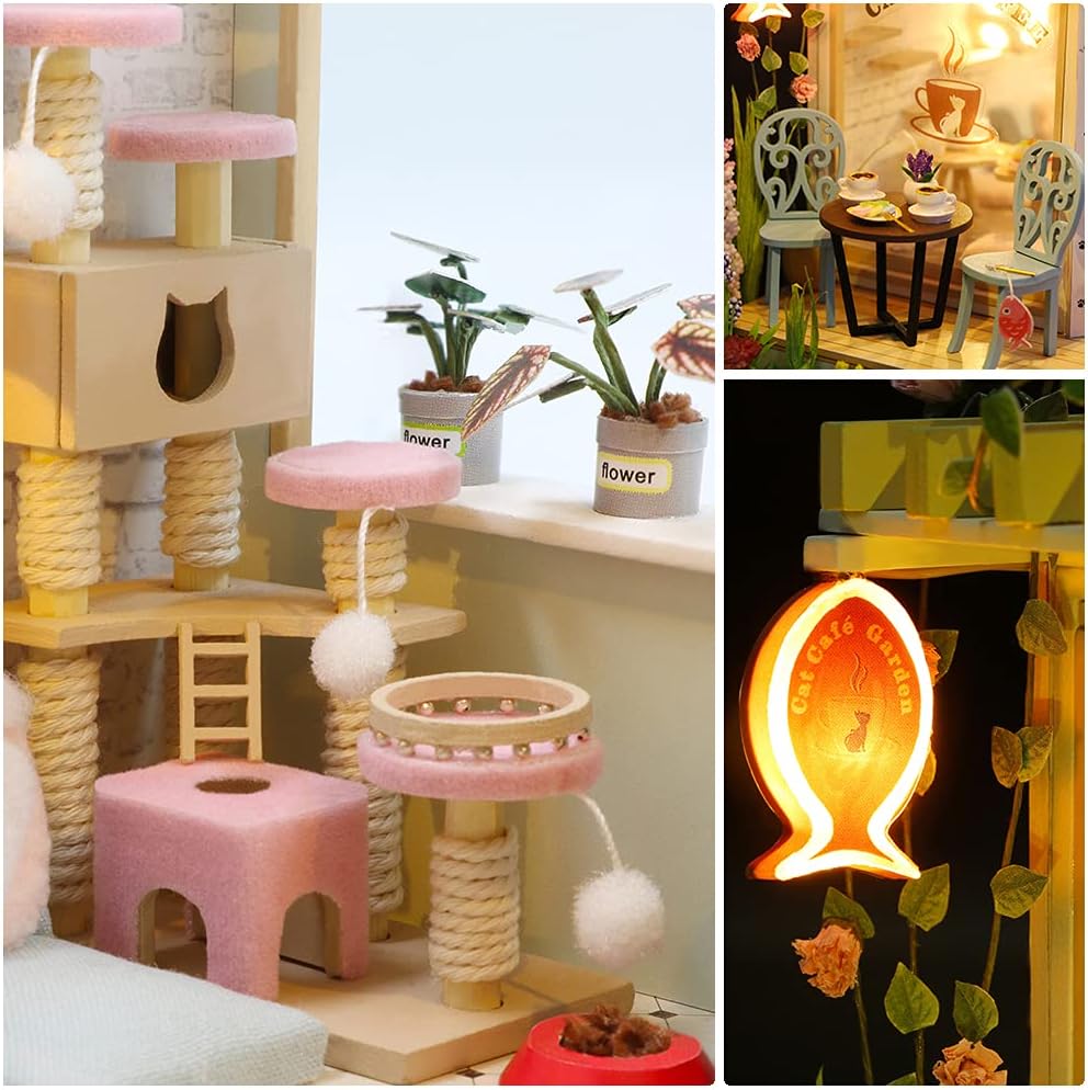 Dollhouse Miniature with Furniture, DIY Wooden Dollhouse Kit Plus Dust Proof, Creative Room Idea(Cat Coffee Garden)-uFunSpace