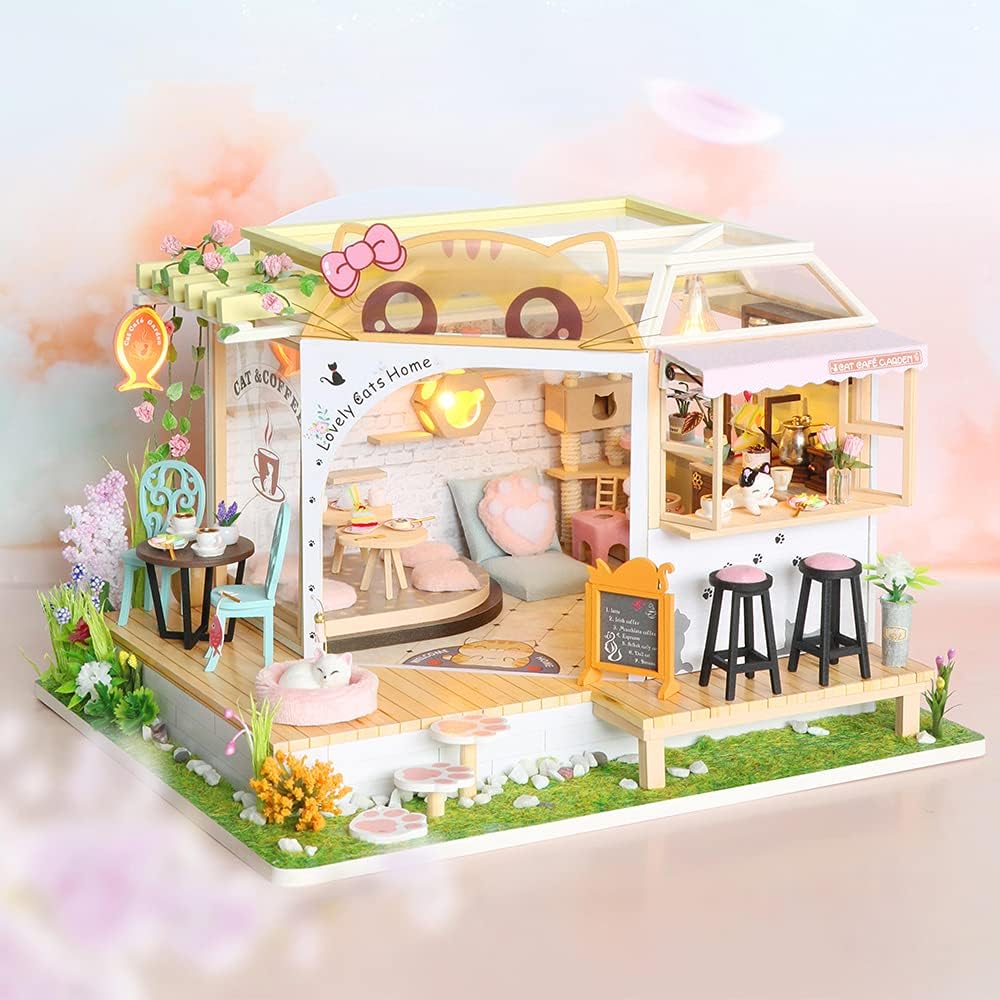 Dollhouse Miniature with Furniture, DIY Wooden Dollhouse Kit Plus Dust Proof, Creative Room Idea(Cat Coffee Garden)-uFunSpace