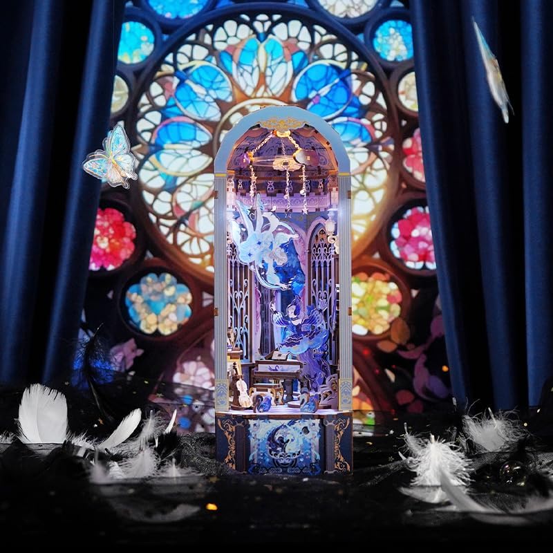 DIY Book Nook Kit for Adults, Wooden 3D Puzzle Music Box Bookend Bookshelf Insert Decor, Automatic Rotation Booknook Miniature House Kit with Dust Cover and LED Light (Swan Dream)-uFunSpace