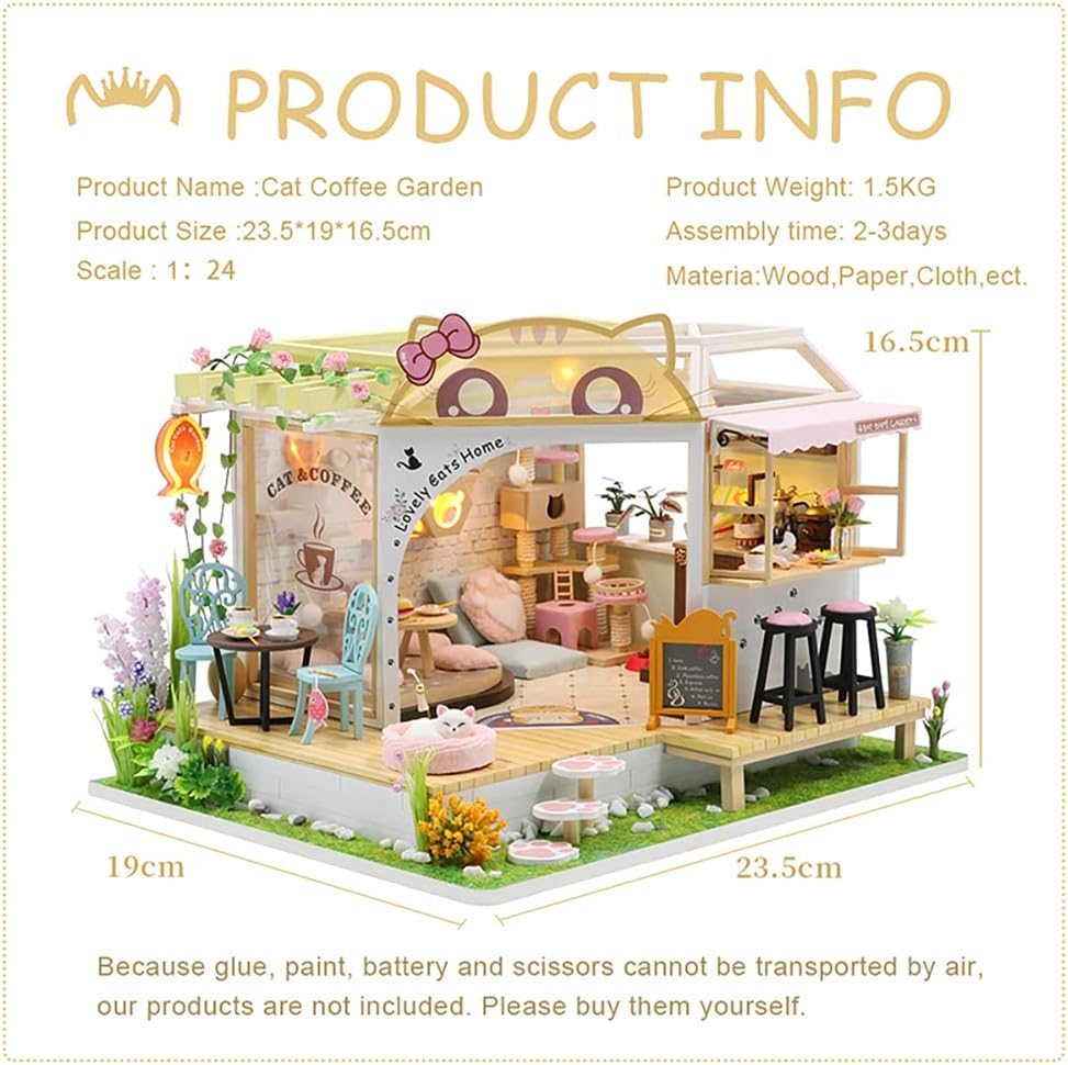 Dollhouse Miniature with Furniture, DIY Wooden Dollhouse Kit Plus Dust Proof, Creative Room Idea(Cat Coffee Garden)-uFunSpace