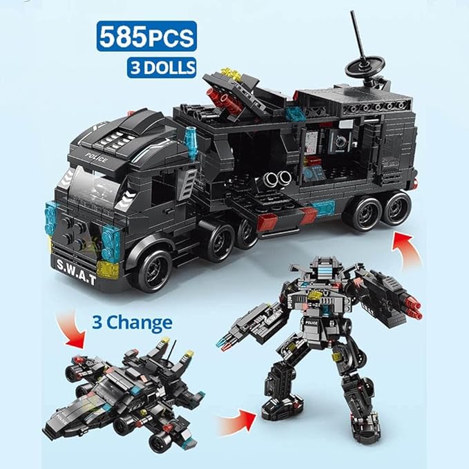 City Police Station Building Kit, Building Block Robot 27 in1 SWAT Police Command Truck Building Kit for Kids City Helicopter Bricks Kit Educational Toys for Boy 6-12 Years Old 585PCS-uFunSpace