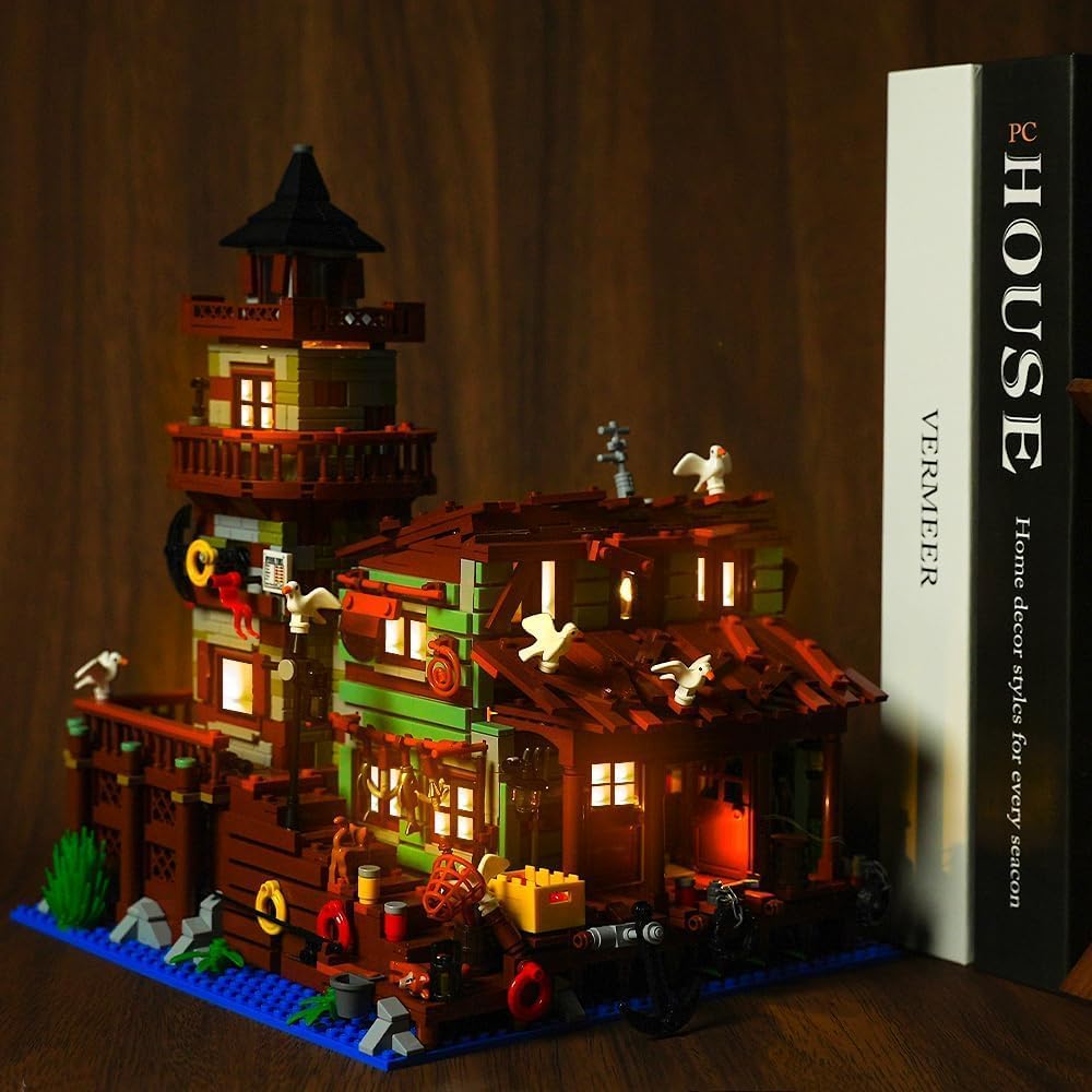 Fishing Village Store House Building Set with LED Light, 1845PCS Wood Cabin Mini Building Block Architecture Kit for Adults Boys Girls Ages 8+-uFunSpace