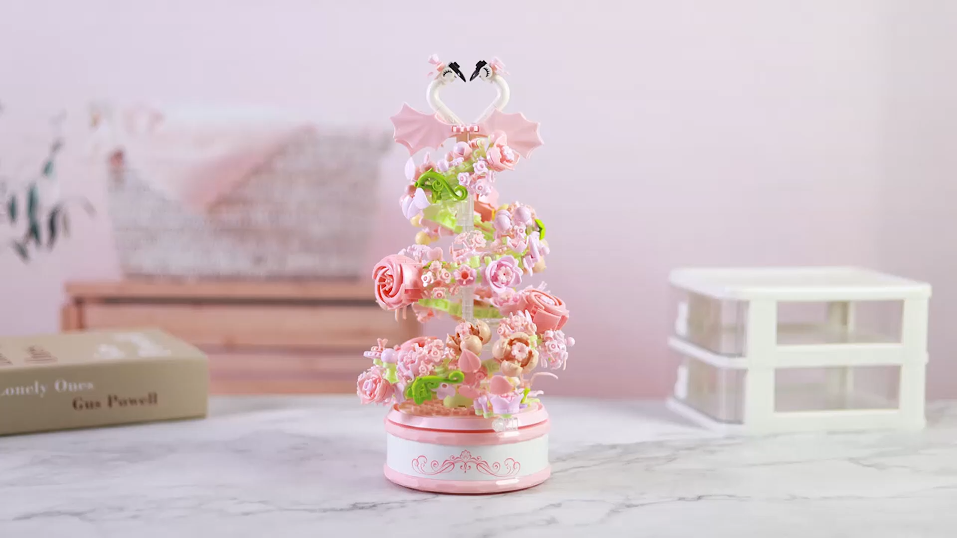 Flowers Music Box Building Block Kit with Light-713PCS Decoration Rotating Music Box Building Set,Botanical Collection Mother's Day, Valentine and Birthday Gifts for Girls Boys Adults Kids Ages 6+