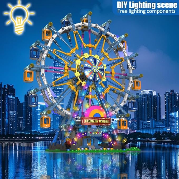 Upgrade Rotating Ferris Wheel Building Blocks Set Toys for Kids with Light Carnival Amusement Park Construction Kits Birthday Halloween for Boys Girls(813pcs)-uFunSpace