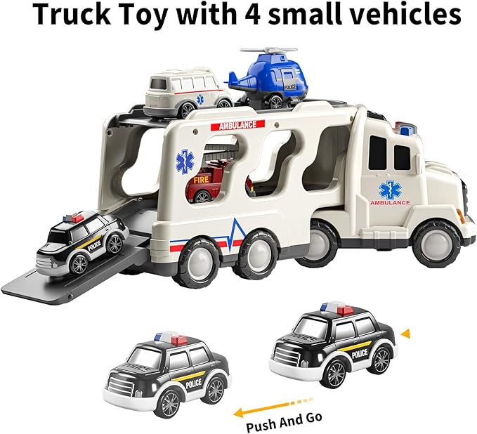 5 Pack Ambulance Vehicle Toddler Truck Toys for 3 4 5 6 Year Old Boys, Friction Powered Cars with Toy Helicopter, Police Car, Fire Truck, Ambulance Car, Birthday Gifts for Girls Age 3-9-uFunSpace