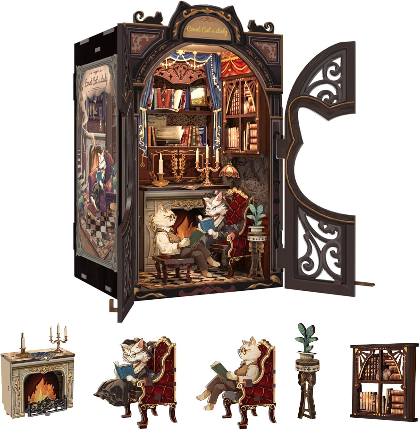 Book Nook Kit, DIY Miniature House Kit Puzzle Booknook Mini for Adult Bookshelf Alley Decor for Women Teens Craft Lovers(Count Cat's Study)-uFunSpace