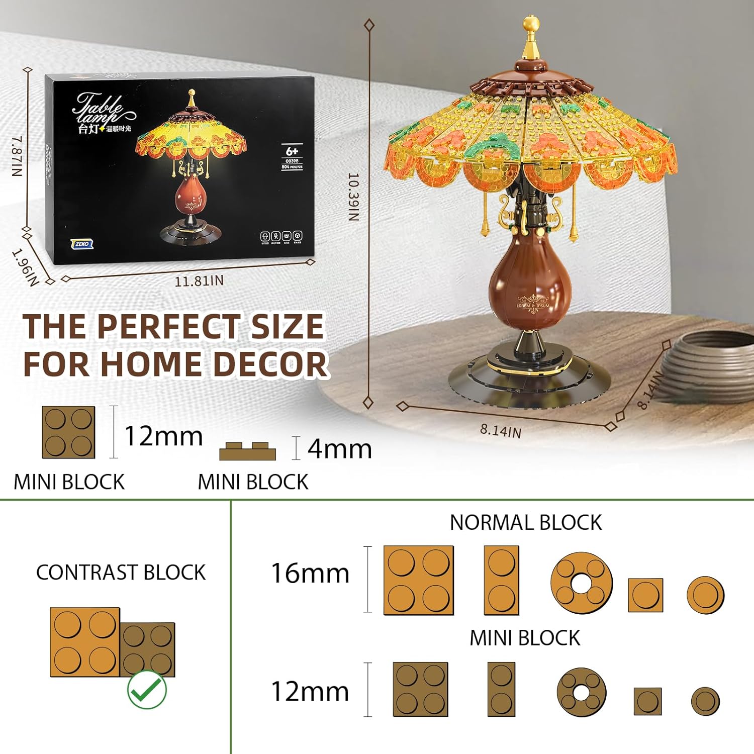 Retro-Style Table Lamp Toy Building Set, Home Décor Accessory for Adults, Cute Building Blocks Set for Couples, Mother's Day Decoration - 804 Pieces (Mini Building Blocks)-uFunSpace