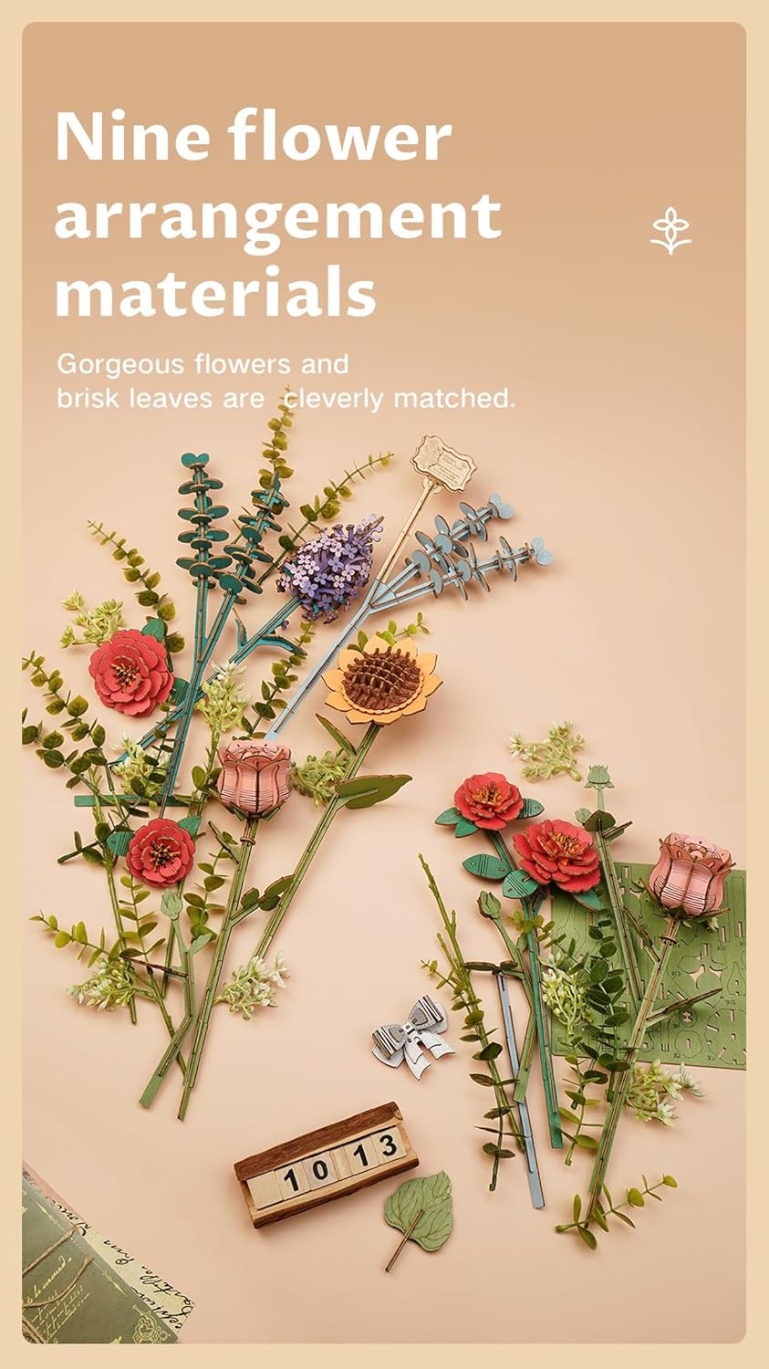 Artifical Flowers,Wooden Flower Bloom Box Building Toy Set,DIY 3D Wooden Puzzles for Adults,Botanical Collection Craft Kit as Thanksgiving Decoration Christmas Birthday Valentine Gift-uFunSpace