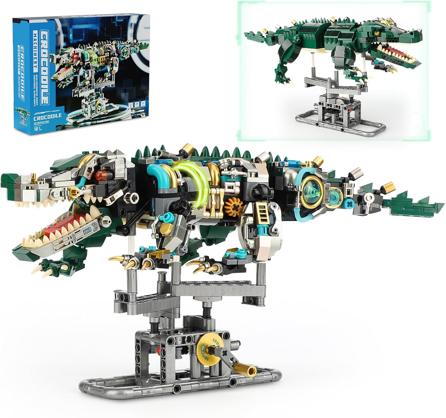 Mechanical Crocodile Building Set, Jurassic Animal Toy with Display Stand and Light, Compatible with Lego Dinosaur, STEM Creative Gift for Adults Teens Boys Age 8-12 (996 PCS)-uFunSpace