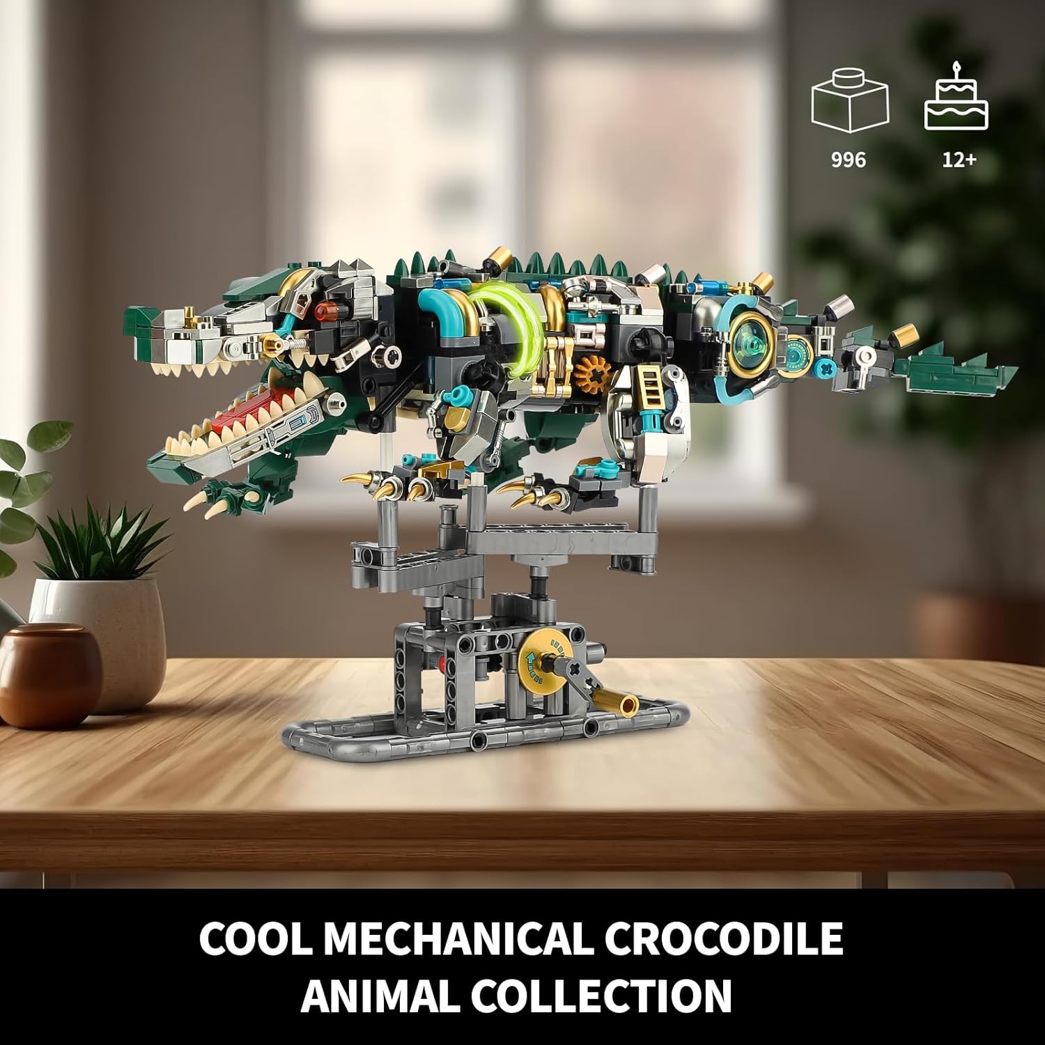 Mechanical Crocodile Building Set, Jurassic Animal Toy with Display Stand and Light, Compatible with Lego Dinosaur, STEM Creative Gift for Adults Teens Boys Age 8-12 (996 PCS)-uFunSpace