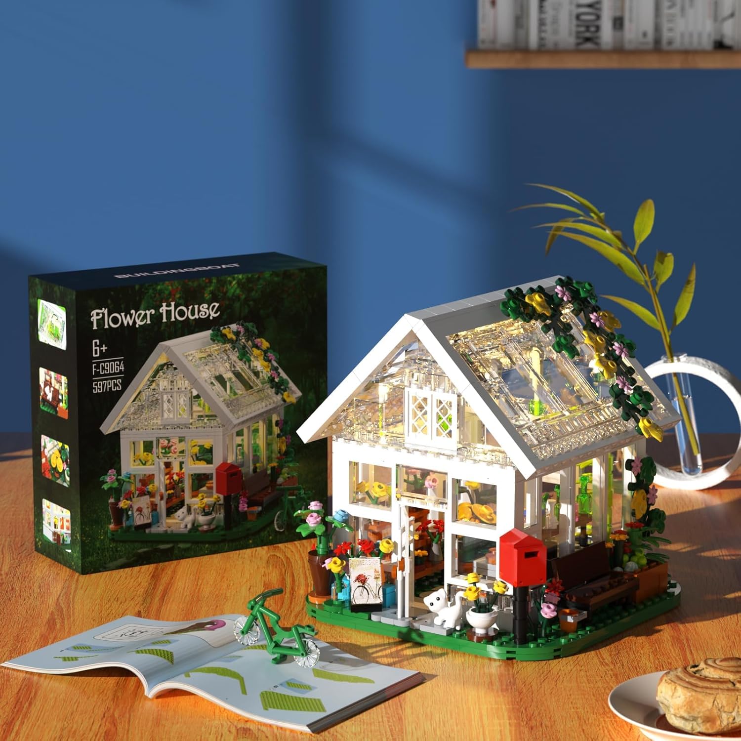 Building Set, Garden House Building Toy with LED Light, Creative Building Playset, Build a Greenhouse Model, Great Gift for Friends or Girls (597 Pieces)-uFunSpace
