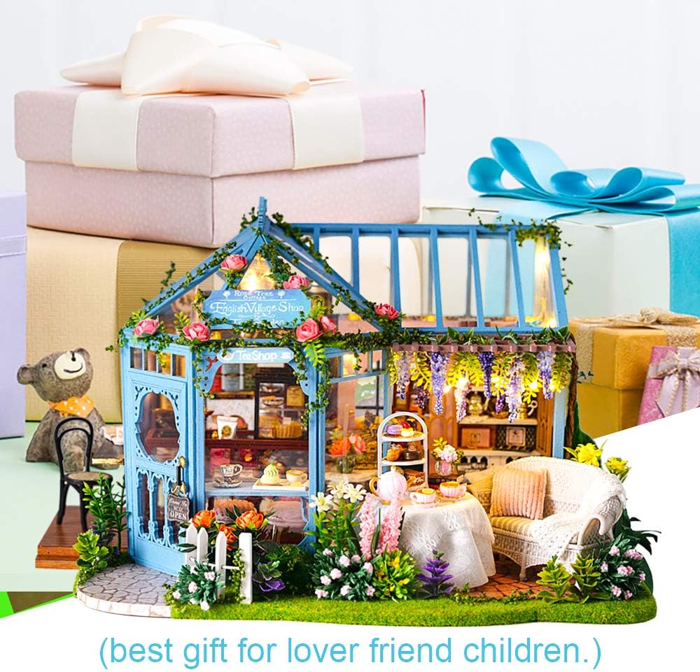 Dollhouse Miniature House with Furniture, DIY Dollhouse Kit with Dust Proof, Music Movement, 1:24 Scale Creative Room for Valentine's Day Gift for Family and Friends (Rose Garden Tea House)-uFunSpace