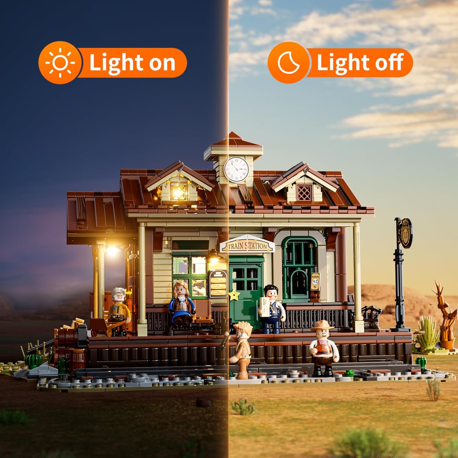 Wild West Train Station Lighting Building-Bricks Set - 1975Pcs Collectible Train Playset for Adults and Teens-uFunSpace