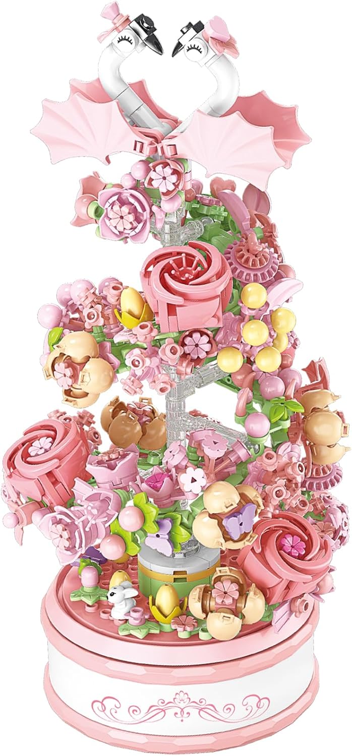 Flowers Music Box Building Block Kit with Light-713PCS Decoration Rotating Music Box Building Set,Botanical Collection Mother's Day, Valentine and Birthday Gifts for Girls Boys Adults Kids Ages 6+-uFunSpace