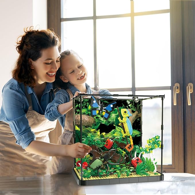 Tropical Rainforest Building Set with LED Light,Jungle Landscape Building Blocks with Chameleon Butterfly Beetle Ladybug Plant Animal,Desktop Decor Display Gift for Aldults and Teens(1358pcs)-uFunSpace