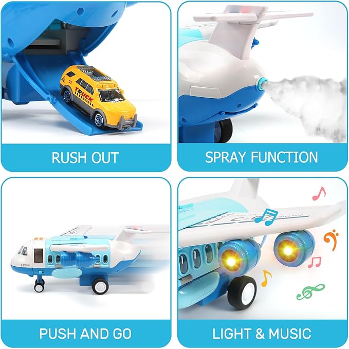 Airplane Plane Toy with Smoke, Sound and Light, Fricton Powered Airplane with Mini Cars, Great Gift for Boys and Girls-uFunSpace