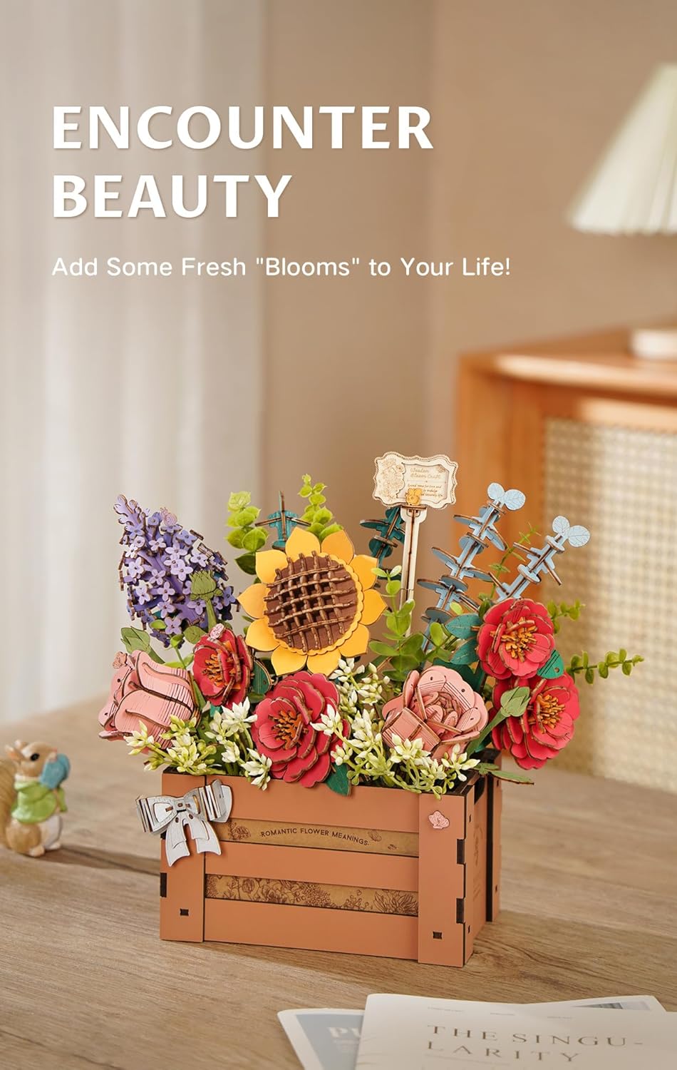 Artifical Flowers,Wooden Flower Bloom Box Building Toy Set,DIY 3D Wooden Puzzles for Adults,Botanical Collection Craft Kit as Thanksgiving Decoration Christmas Birthday Valentine Gift-uFunSpace