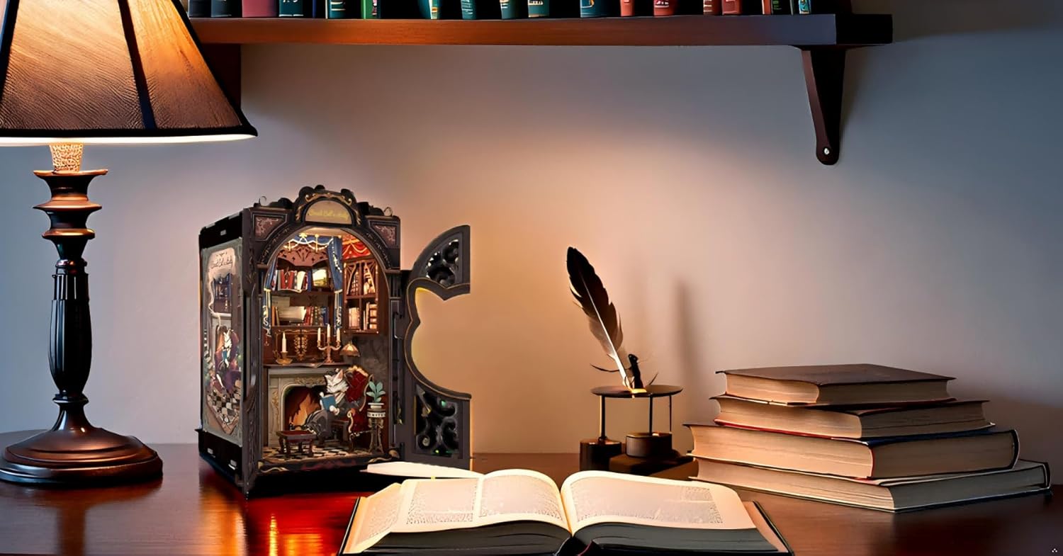 Book Nook Kit, DIY Miniature House Kit Puzzle Booknook Mini for Adult Bookshelf Alley Decor for Women Teens Craft Lovers(Count Cat's Study)-uFunSpace