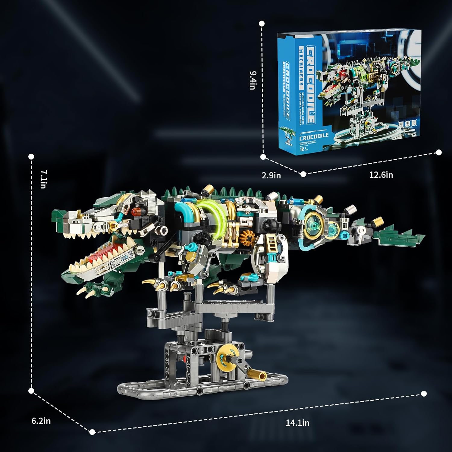 Mechanical Crocodile Building Set, Jurassic Animal Toy with Display Stand and Light, Compatible with Lego Dinosaur, STEM Creative Gift for Adults Teens Boys Age 8-12 (996 PCS)-uFunSpace