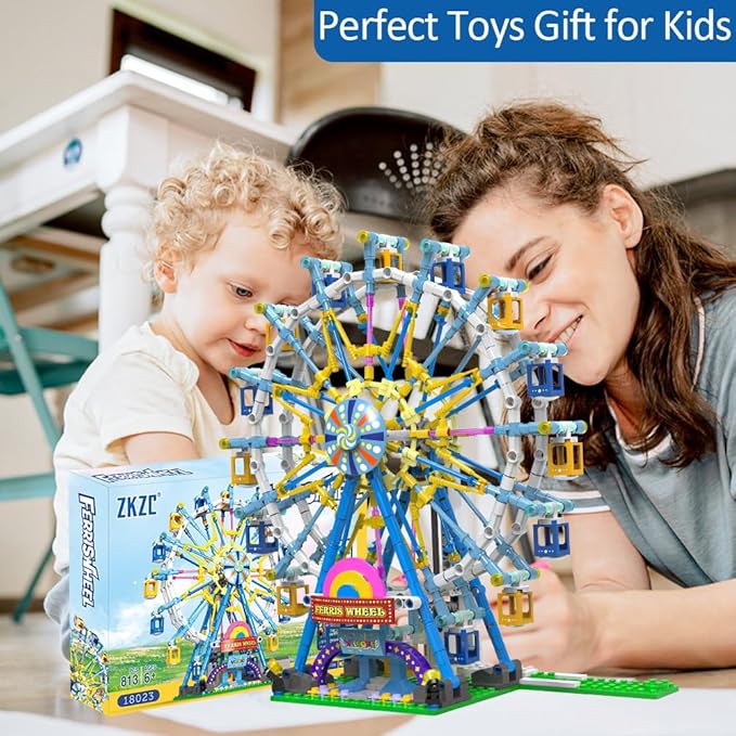 Upgrade Rotating Ferris Wheel Building Blocks Set Toys for Kids with Light Carnival Amusement Park Construction Kits Birthday Halloween for Boys Girls(813pcs)-uFunSpace