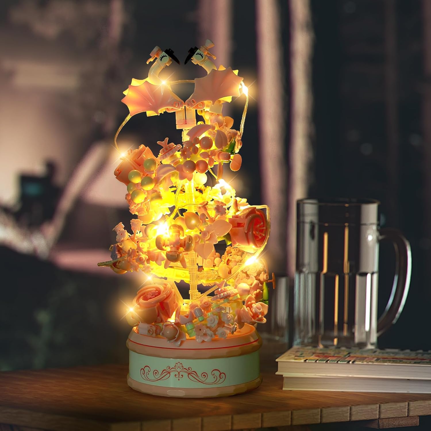 Flowers Music Box Building Block Kit with Light-713PCS Decoration Rotating Music Box Building Set,Botanical Collection Mother's Day, Valentine and Birthday Gifts for Girls Boys Adults Kids Ages 6+-uFunSpace