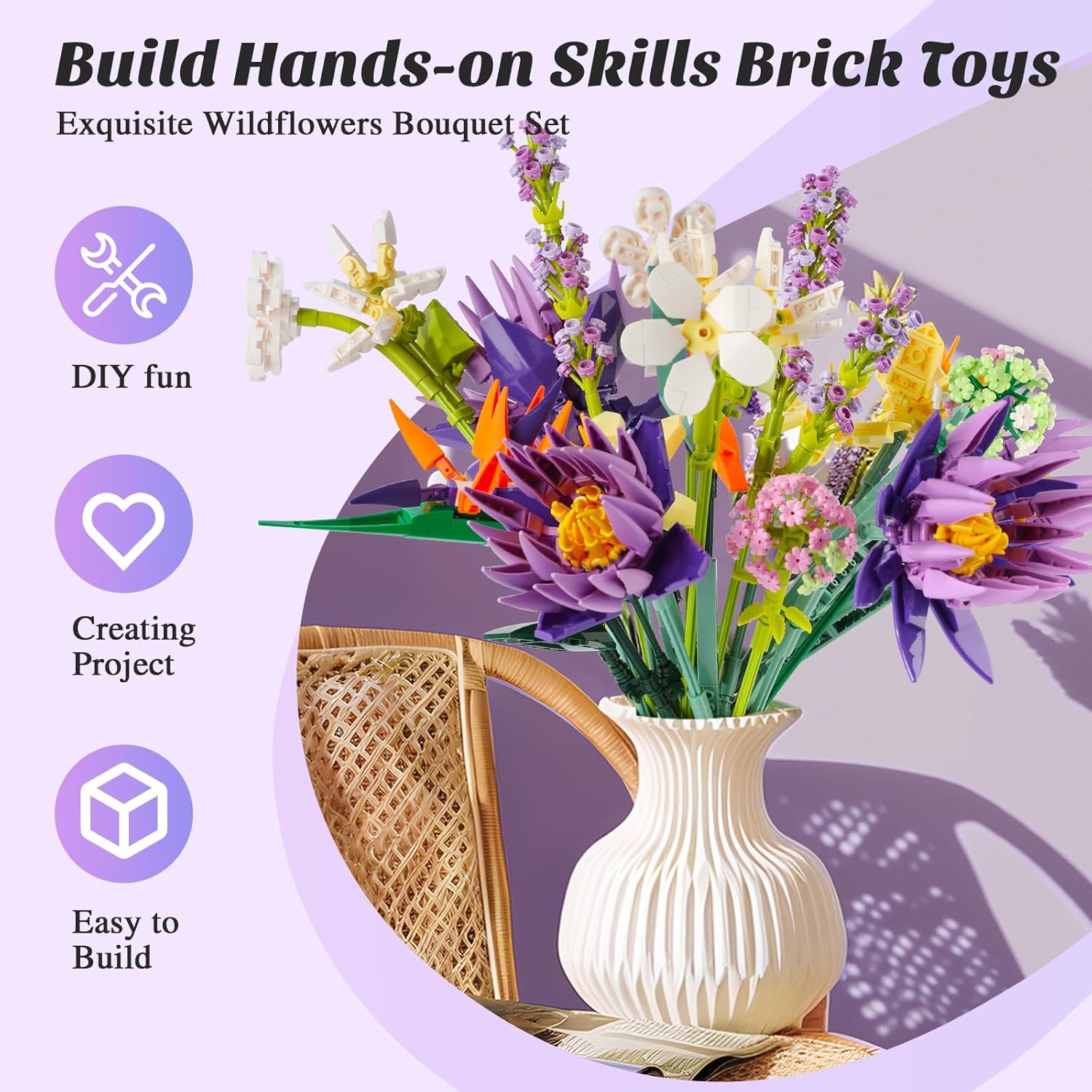 Flowers Bouquet Building Set, Creative 13 Artificial Wildflowers Botanical Collection Bird of Paradise for Adults Kids Home or Office Decor Christmas Valentine Mother's Day Birthday 891pcs (No Vase)-uFunSpace