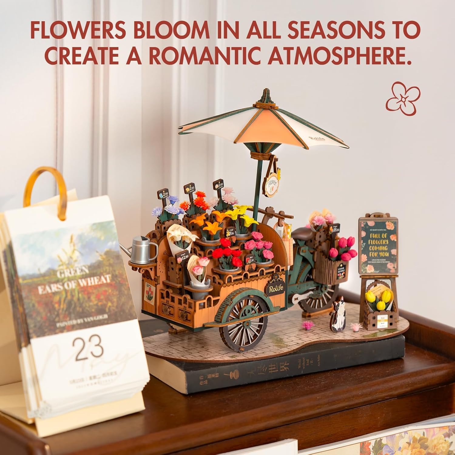 DIY 3D Wooden Puzzle for Adults, Flower Cart Brain Teaser Puzzle for Teens Girls Boys, Creative Craft Hobby Gifts Model Building Kits, Home Decor Assembly Toy-uFunSpace