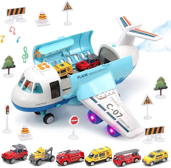 Airplane Plane Toy with Smoke, Sound and Light, Fricton Powered Airplane with Mini Cars, Great Gift for Boys and Girls-uFunSpace