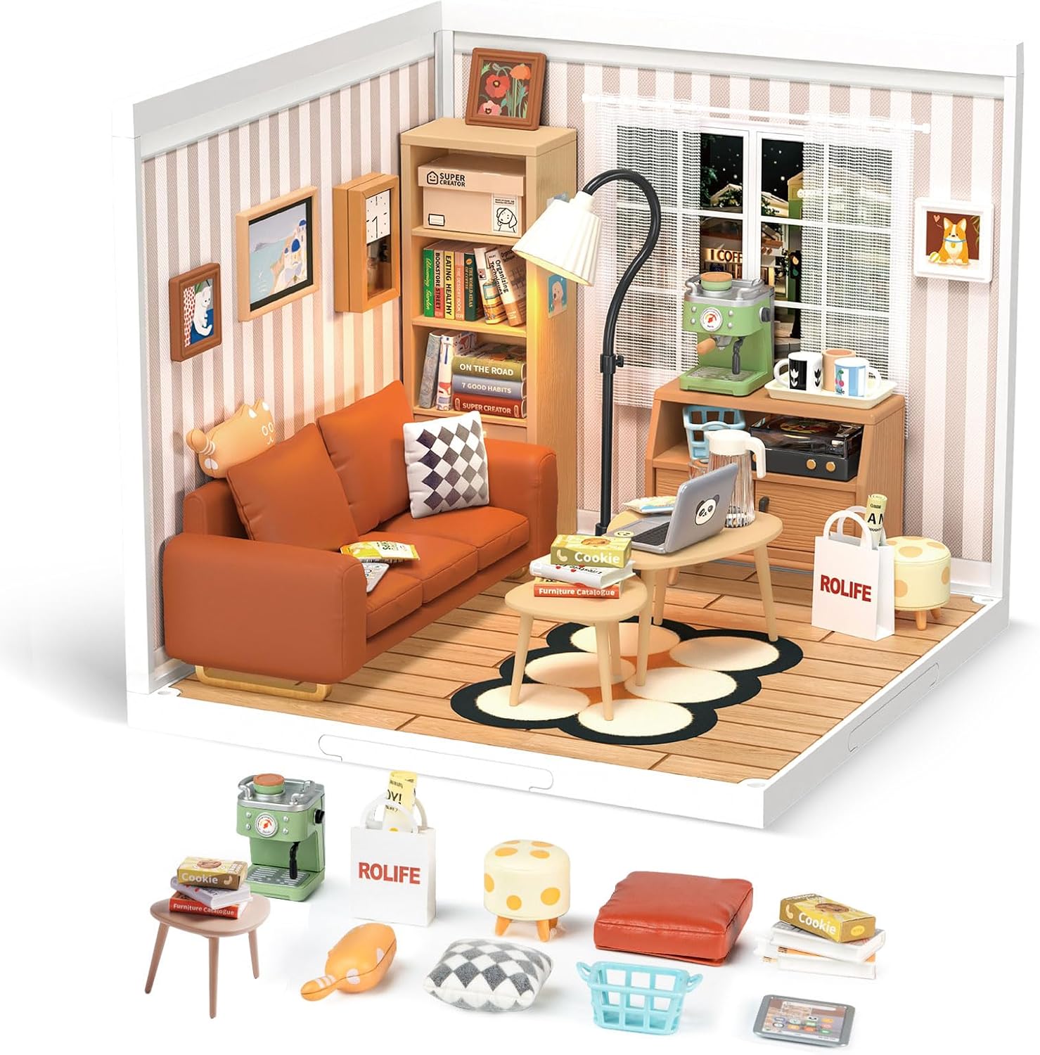 DIY Miniature Plastic House Building Set Toys Playset with LED Suitable for Mini Figures Construction Toys Diorama Kit Gifts for Teens Adults (Cozy Living Lounge)-uFunSpace