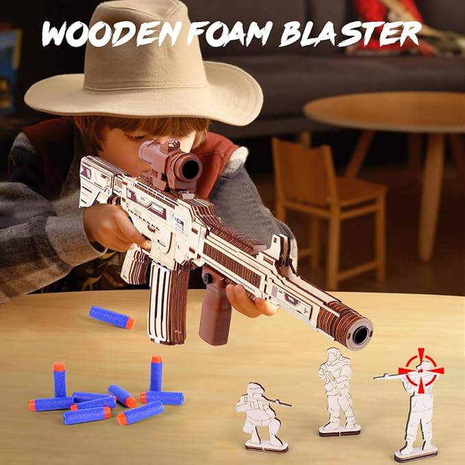Wooden Gun Puzzles, 3D Wooden Puzzles Gun for Adult with Foam Soft Bullet, Electric Wooden M416 Model Rifle Puzzle Toy Guns, Wood Puzzles DIY Building Kits for Adult Christmas Birthday Gift-uFunSpace