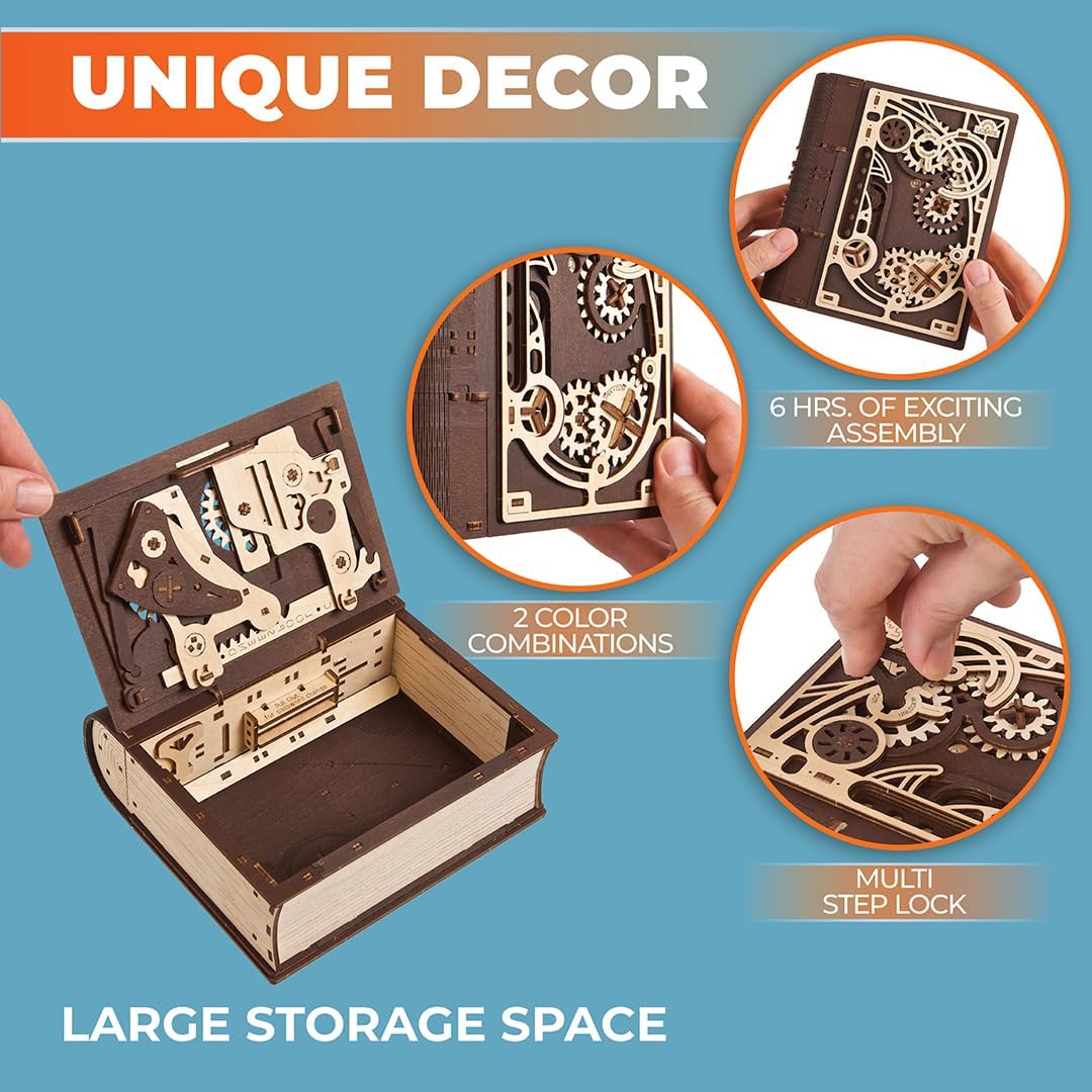 Book of Secrets 3D Puzzle Box - 3D Wooden Puzzles for Adults, Fun DIY Kits for Adults - Steampunk Combination-Lock Treasure Box Adult Puzzles Unique Gift for Hobby Enthusiasts - 263 Pcs-uFunSpace