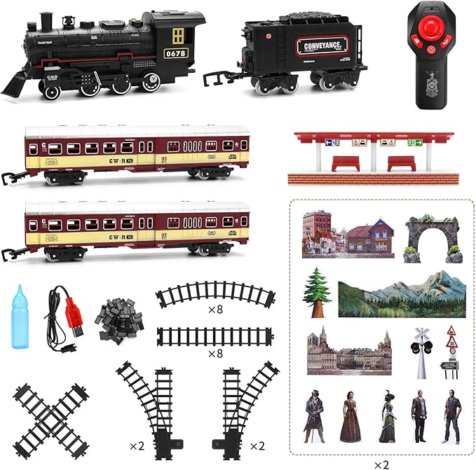 Train Set for Kids,Remote Control Locomotive Engine Under Christmas Tree,Electric Model Train W/Carriages and Long Tracks,Train Toy Gift for Boys Girls Age 4-12-uFunSpace
