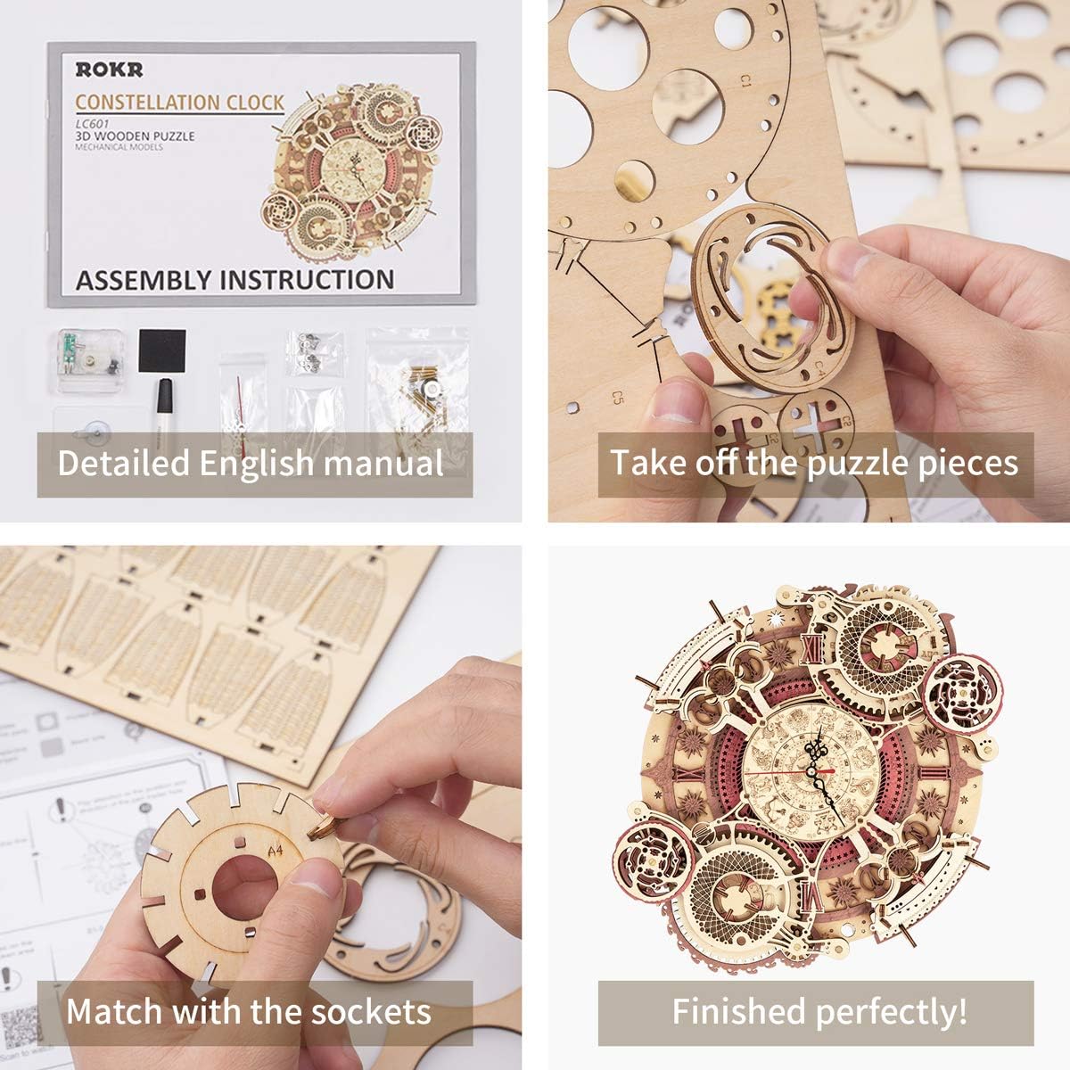 3D Wooden Puzzle Clock Model 12"– DIY 168 PCS Mechanical Model Kit Toys Home Decor Elegant Gifts for Teens/Adults-uFunSpace