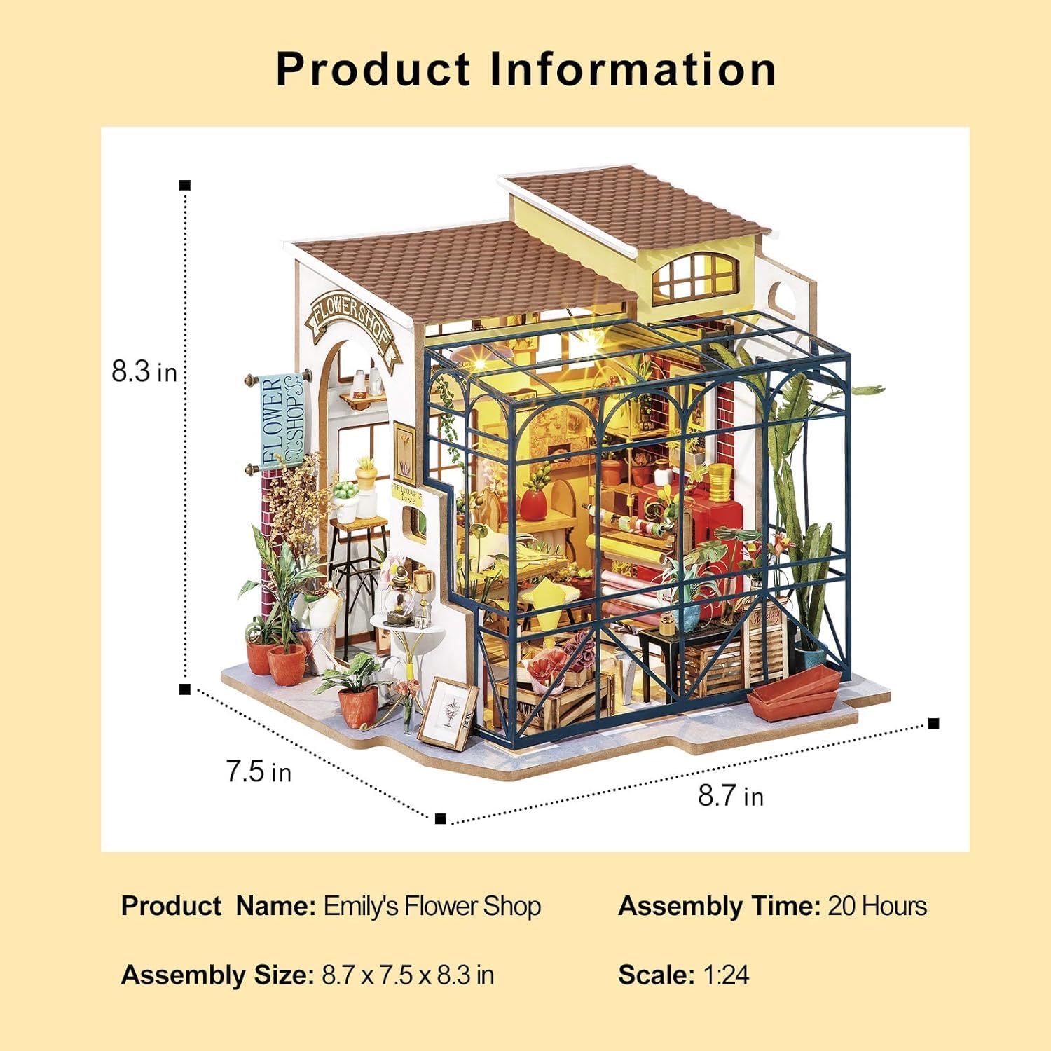 Product dimensions of Rolife Emily's Flower Shop DG145 assembled model: 8.7 inches wide by 8.3 inches high.